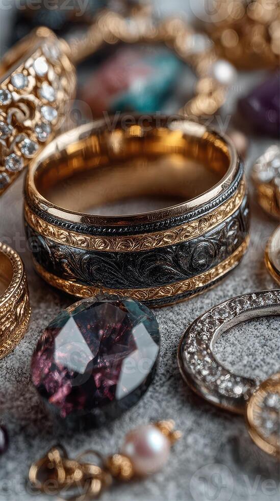 Elegant collection of ornate rings and gemstones displayed on a textured surface showcasing intricate details and craftsmanship photo