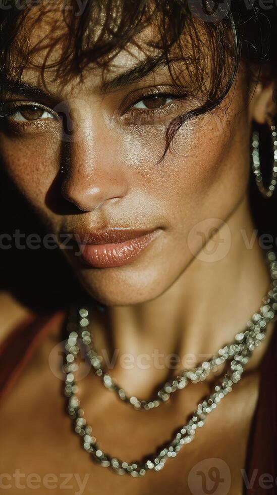 Portrait of a woman with glowing skin and layered necklaces captured in warm lighting photo