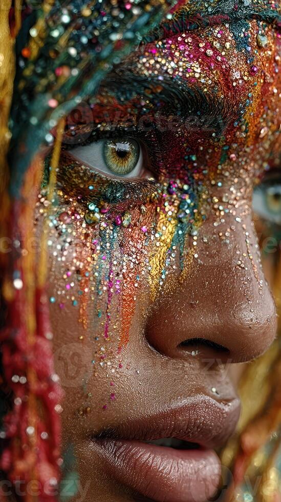 Colorful artistic face painting showcasing vibrant details and expressive eyes during a cultural celebration in a lively atmosphere photo