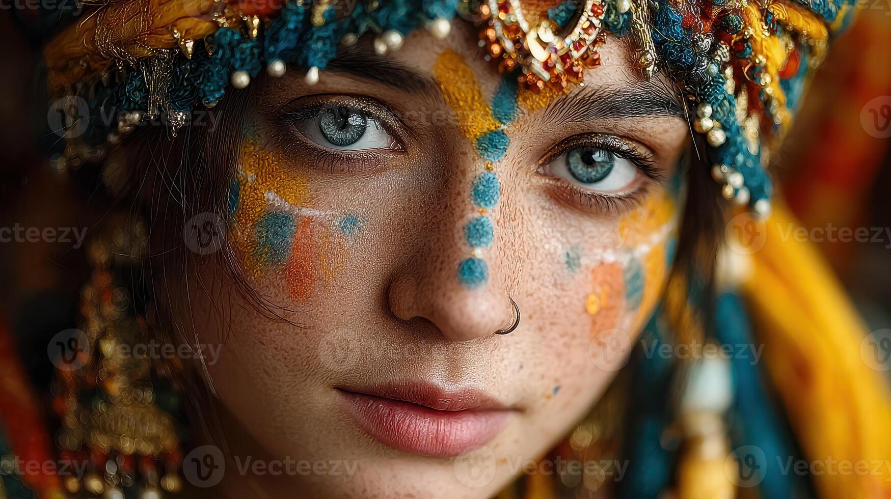 Colorful portrait of a person adorned with traditional attire and intricate facial art during a cultural celebration photo