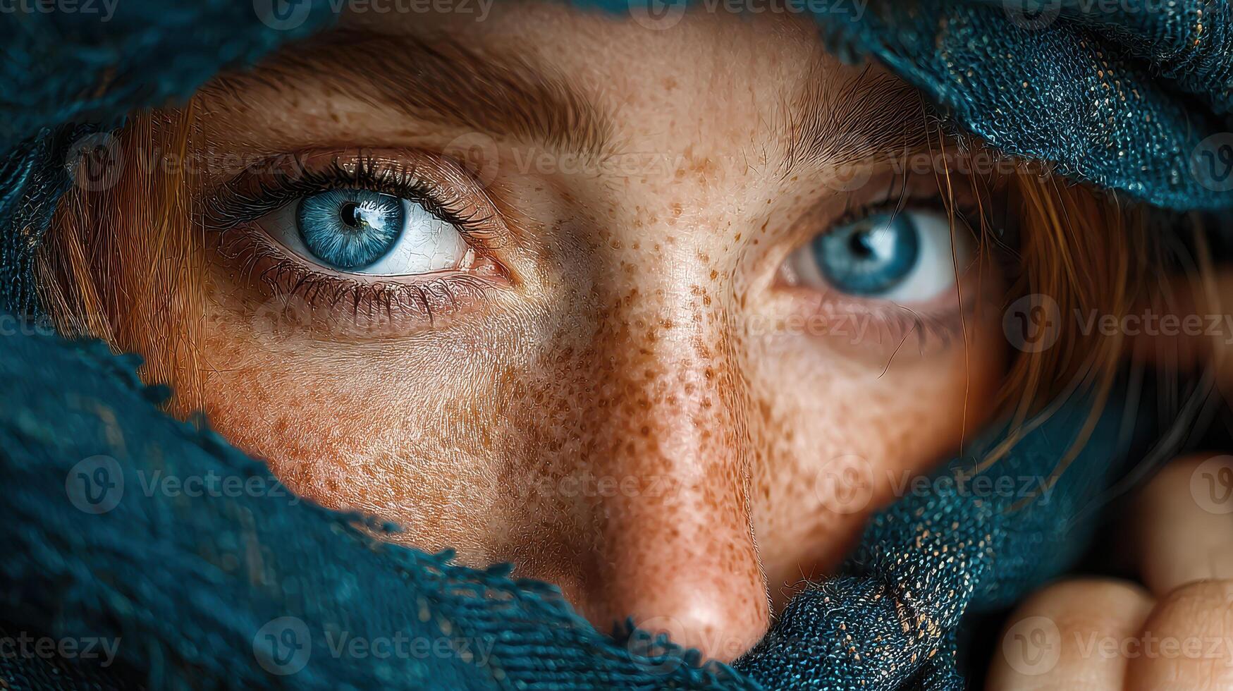 Beautiful close-up of a young woman with striking blue eyes and red hair wrapped in a dark scarf, showcasing her freckles and capturing soft light photo