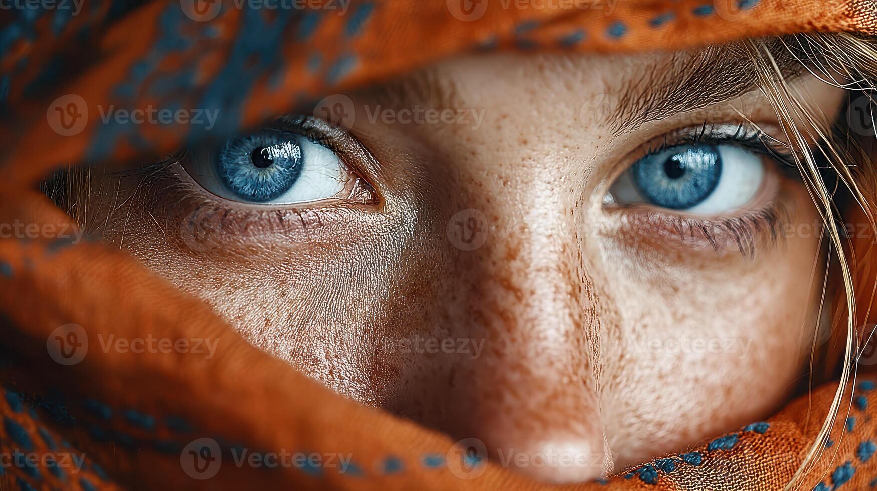 Woman with captivating blue eyes partially covered by an orange scarf in a close-up portrait during natural light photo