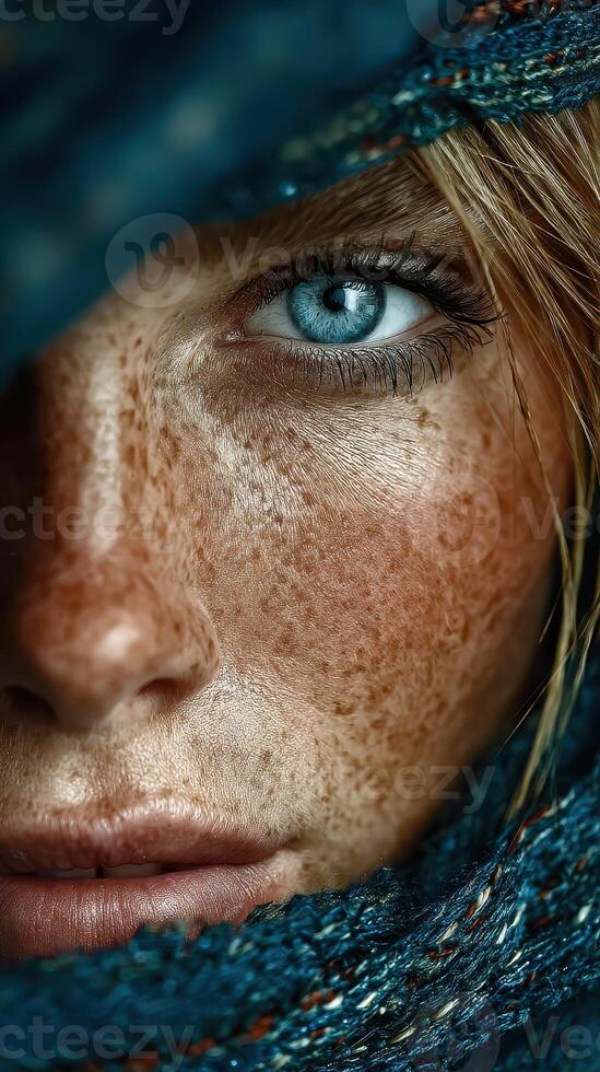 Close-up of a woman with striking blue eyes and freckles, revealing her emotions amidst a textured background photo