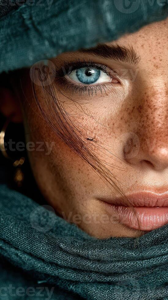 Close-up of a woman with striking blue eyes and freckles wrapped in a warm scarf on a chilly day outdoors photo