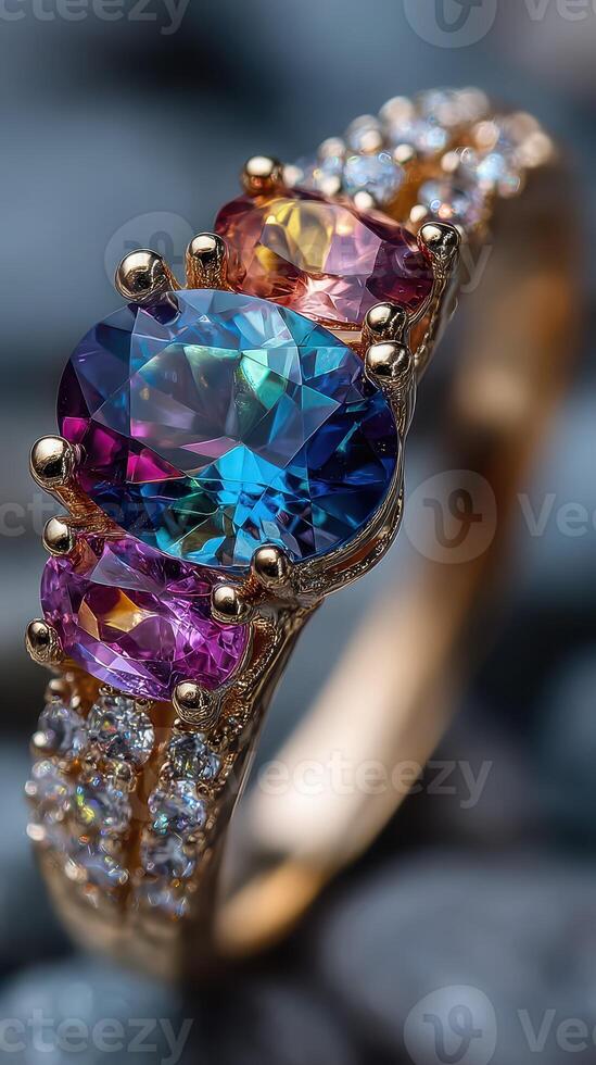 Elegant gold ring with vibrant gemstones showcased on a textured surface photo