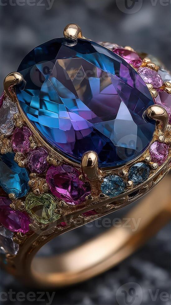 Exquisite gemstone ring featuring colorful stones in a luxurious design captured in indoor lighting photo