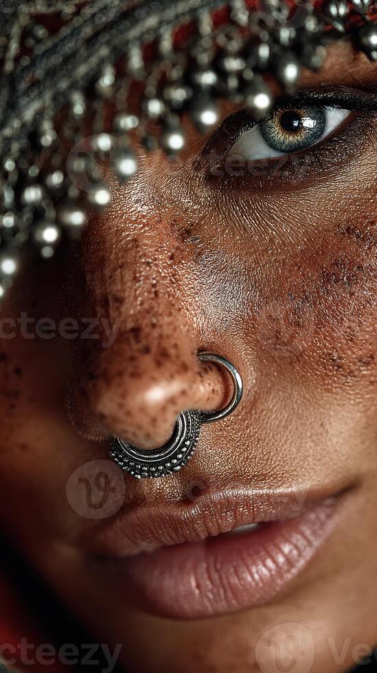 Close-up portrait of a person with intricate nose rings and unique beauty marks in natural light photo