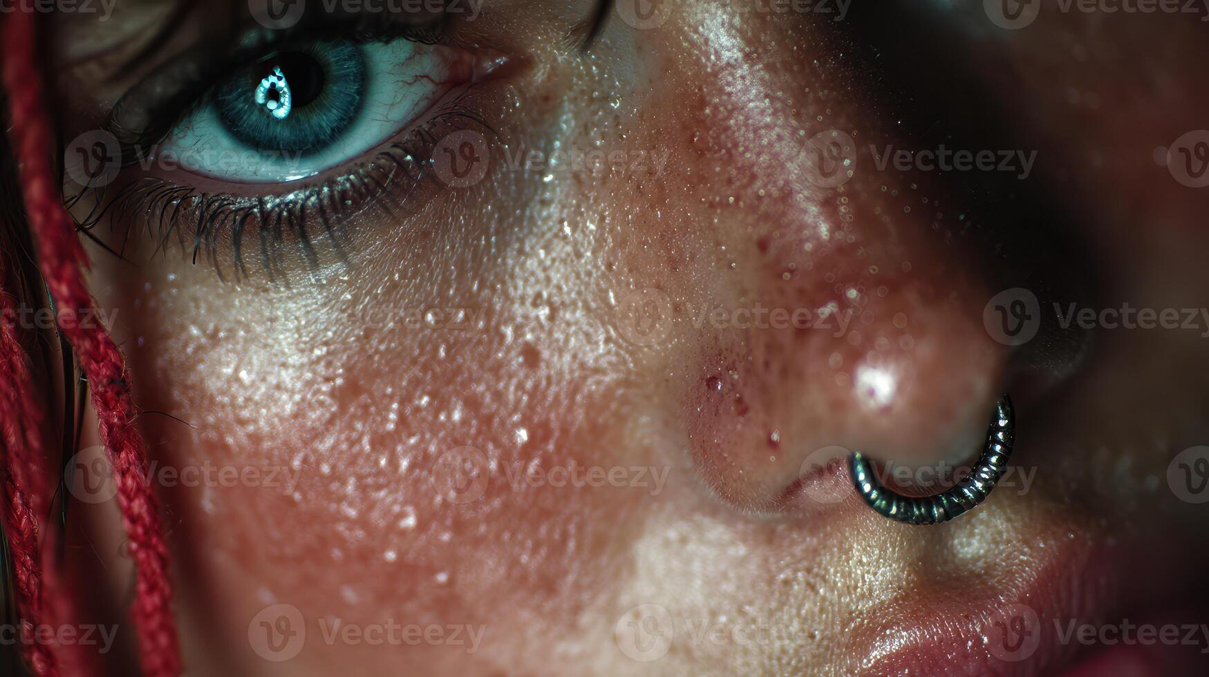 Close-up of a person with blue eyes and red hair showcasing facial features and piercings in soft light photo