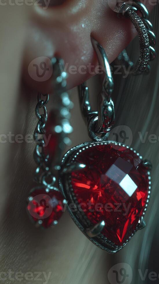 Unique heart-shaped red gemstone earrings with intricate silver detailing showcased in close-up view photo