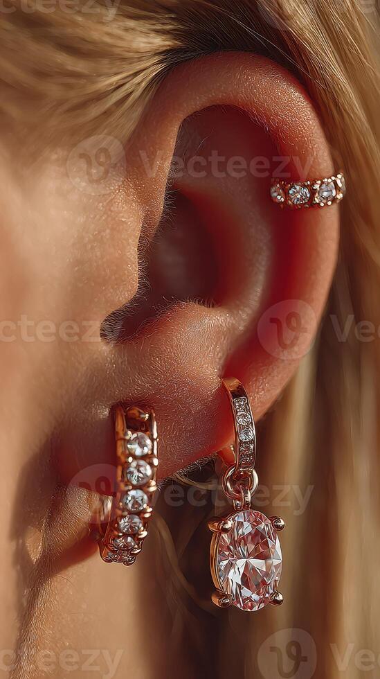 Close-up view of sparkling jewelry adorning a woman's ear in natural light photo