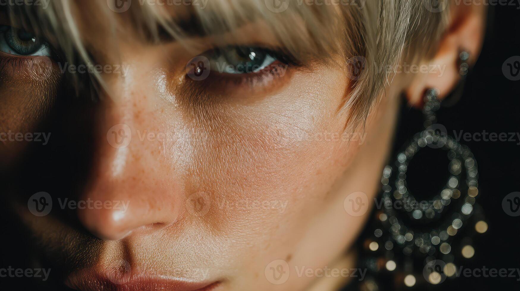 Close-up portrait of a young woman with striking features showcasing elegant jewelry, illuminated in soft light photo