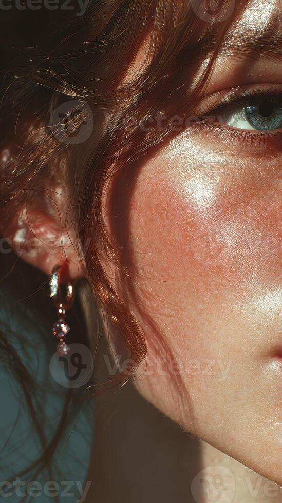 Close-up of a person showcasing shimmering skin and delicate earrings in natural light during a sunny day photo