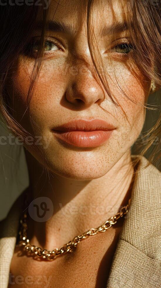 Close-up portrait of a woman with freckles and natural makeup, showcasing warm light and stylish fashion in a contemporary setting photo