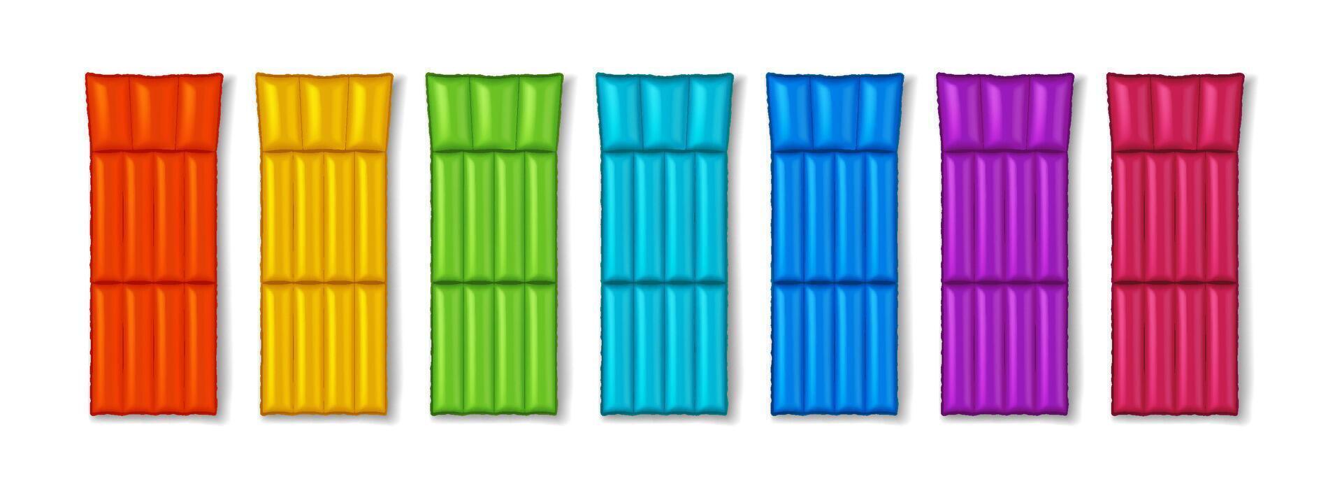 Vibrant inflatable mats in variety colors including orange yellow green blue purple red arranged in row against white background. Perfect for summer pool parties and beach fun. Bright design vector
