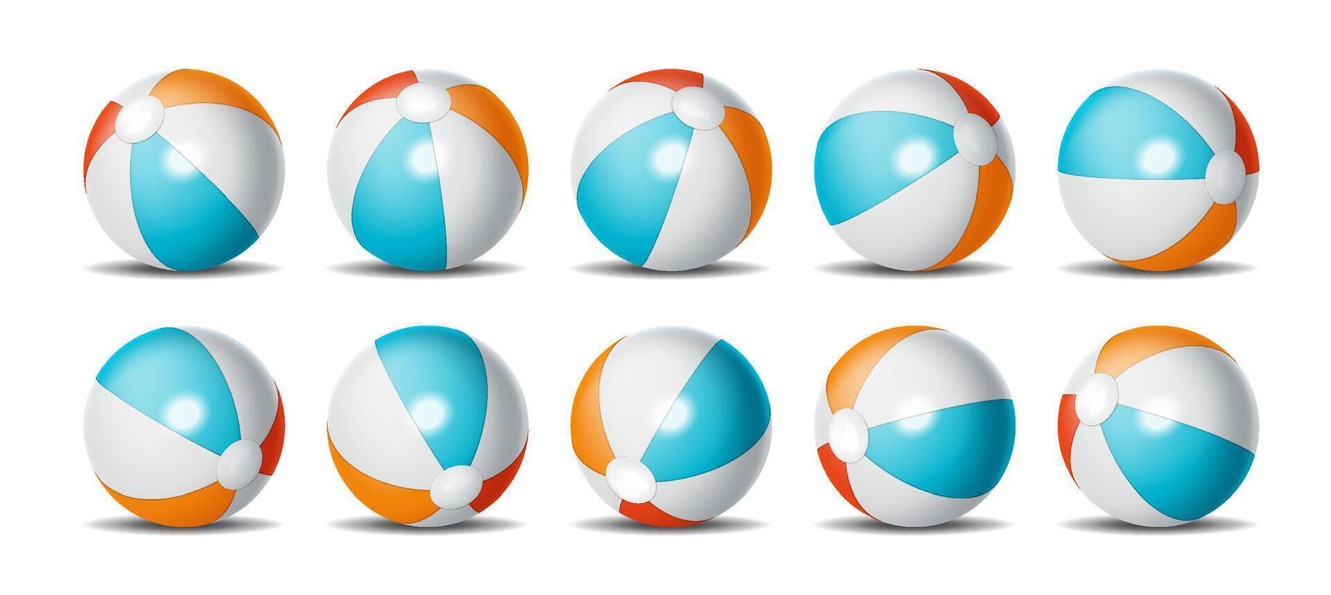 Collection of inflatable beach balls with bright blue orange segments arranged on a white background suitable for summer vacation themes poolside activities or seaside games providing vibrant colors vector