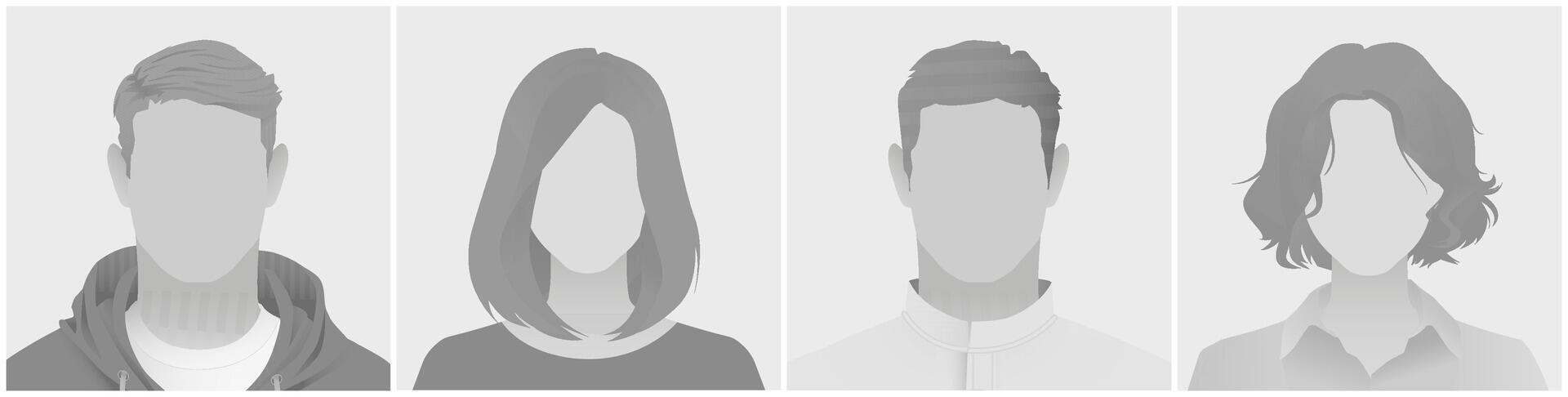 Collection of four anonymous gray silhouette avatar defoult photo placeholder for social media or profiles. Neutral expressions with distinct hairstyles highlighting individuality on gray background vector