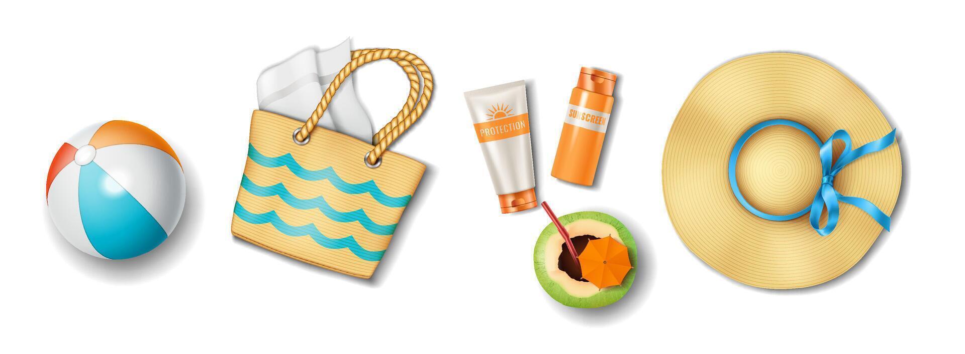 Illustration realistic style beach essentials colorful items representing summer essentials like beach ball tote bag sunscreen straw hat vibrant background. vector