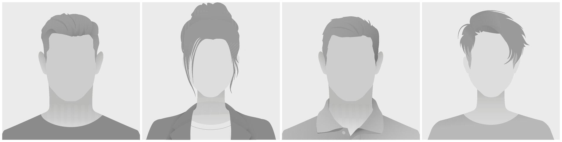 Monochrome silhouette profile avatars defoult photo placeholder feature diverse hairstyles and clothing styles. These placeholder images are ideal for social media profiles and online platforms vector