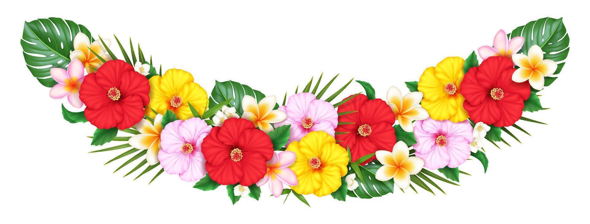 Vibrant tropical flower garland with red, yellow, and pink blossoms. Includes lush green leaves. Perfect for summerthemed decor and festive celebrations. vector