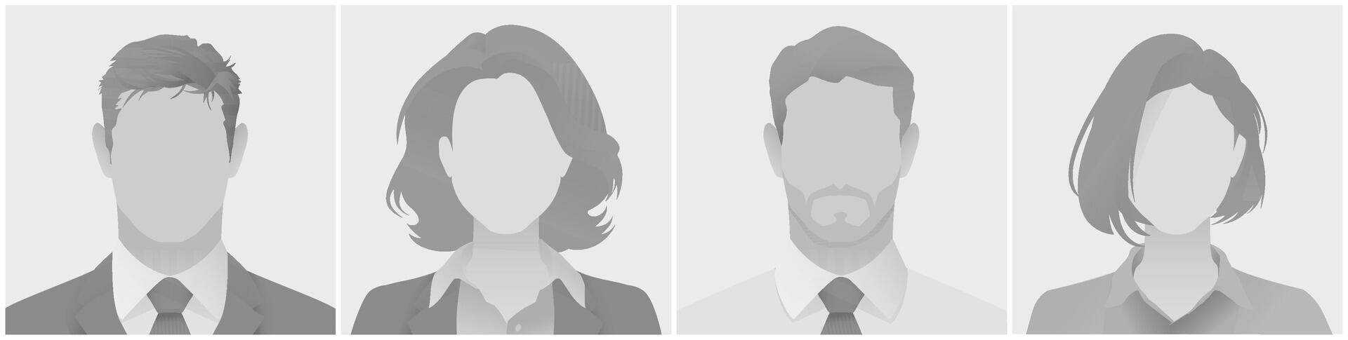 Collection of avatar defoult photo placeholder grayscale anonymous silhouette illustrations displaying individuals in professional business attire. Used for profiles or presentations. vector