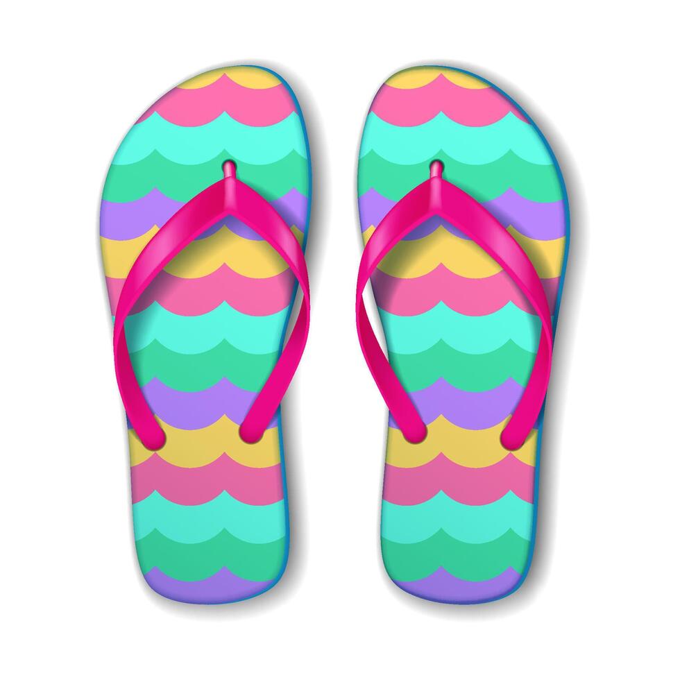 Flip flops with bright wave pattern radiate summer vibes. Bold pink straps add contrast to the colorful waves on blue, pink, yellow, and green. Perfect for beach fun. vector