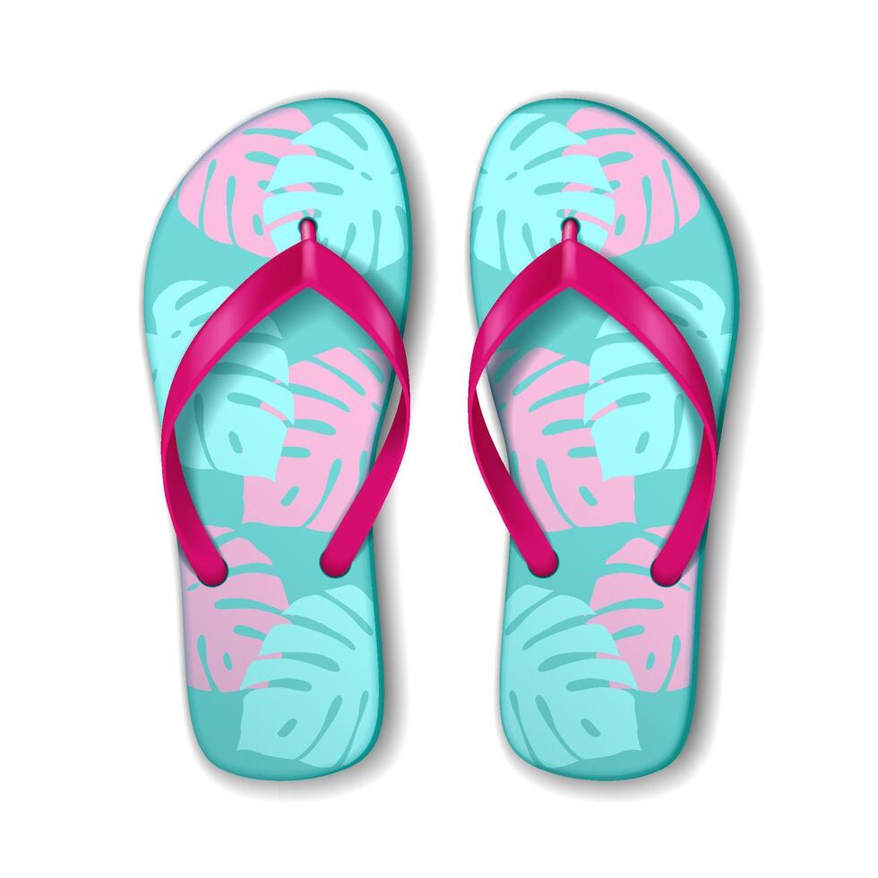 Vibrant flip flops in aqua and pink feature tropical leaf patterns. Fun and stylish, ideal for summer and beach activities. Captures a relaxed, tropical vibe. vector