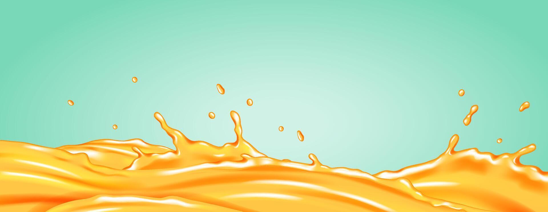 Dynamic illustration of orange liquid splashing on turquoise background. Bright colors and fluid motion create a refreshing and energetic feel. Perfect for beverage ads. vector