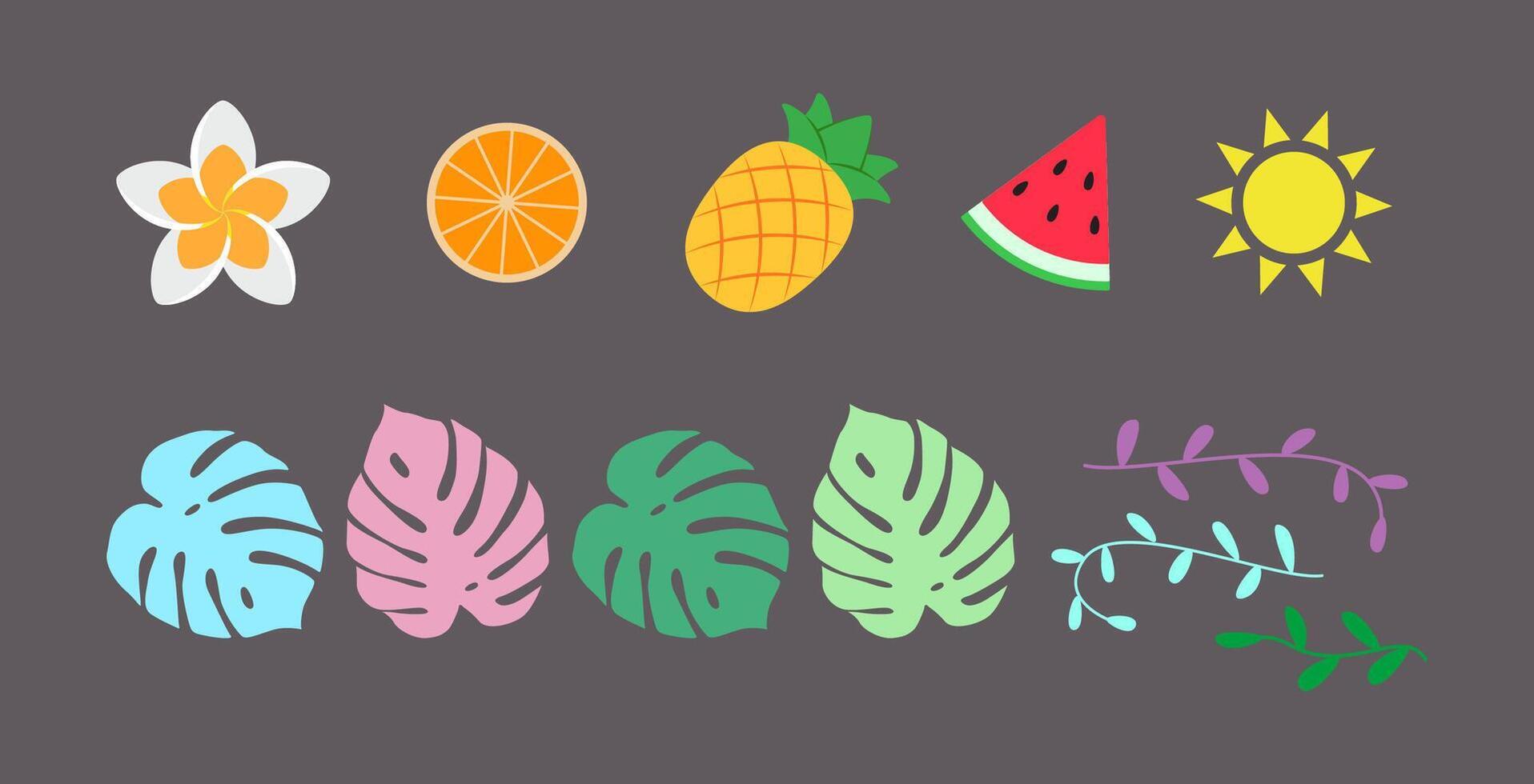 Tropical icon set featuring fruits, leaves, and a sun in a minimalist style. Bright and vibrant colors on dark background. Perfect for summer themes and designs. vector