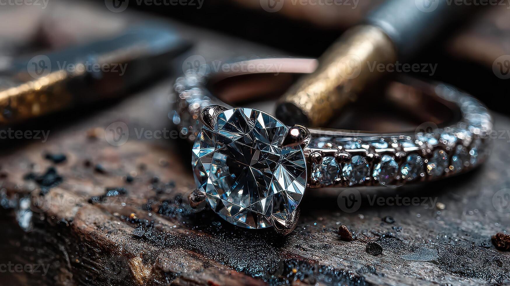 Sparkling diamond ring resting on a wooden workbench surrounded by crafting tools in a well-lit workshop photo