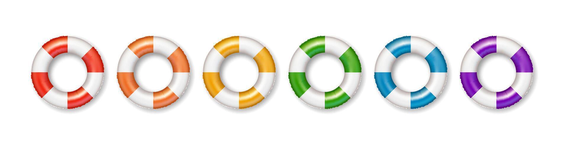Set of six colorful lifebuoys in sequence against white background. Brightly colored safety equipment ideal for maritime themes or summer designs. vector