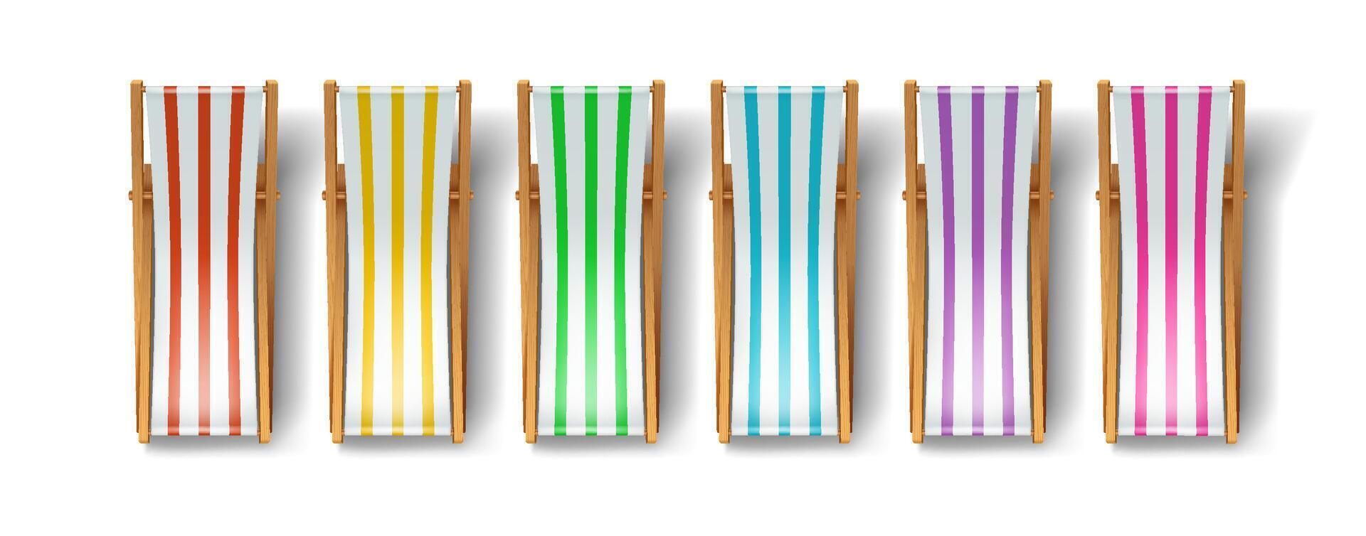 Six deck chairs with vibrant striped patterns arranged in a neat row on white background. Each chair has unique bright color including red yellow green. Ideal for summer vacation concepts vector
