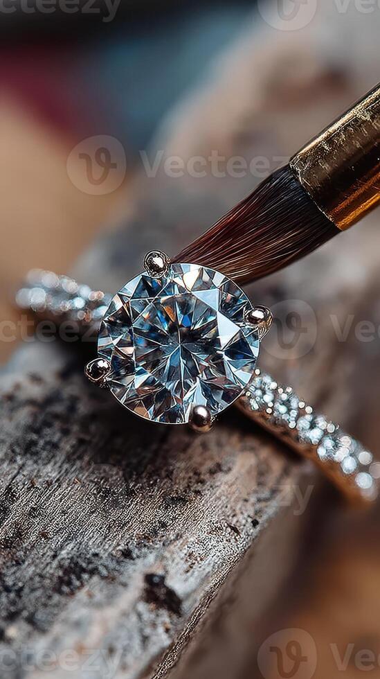 Close-up of a diamond engagement ring being cleaned and polished in a workshop setting photo