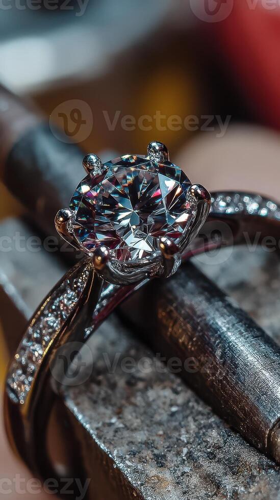 Sparkling diamond engagement ring displayed on a workbench in a jewelry workshop during the crafting process photo