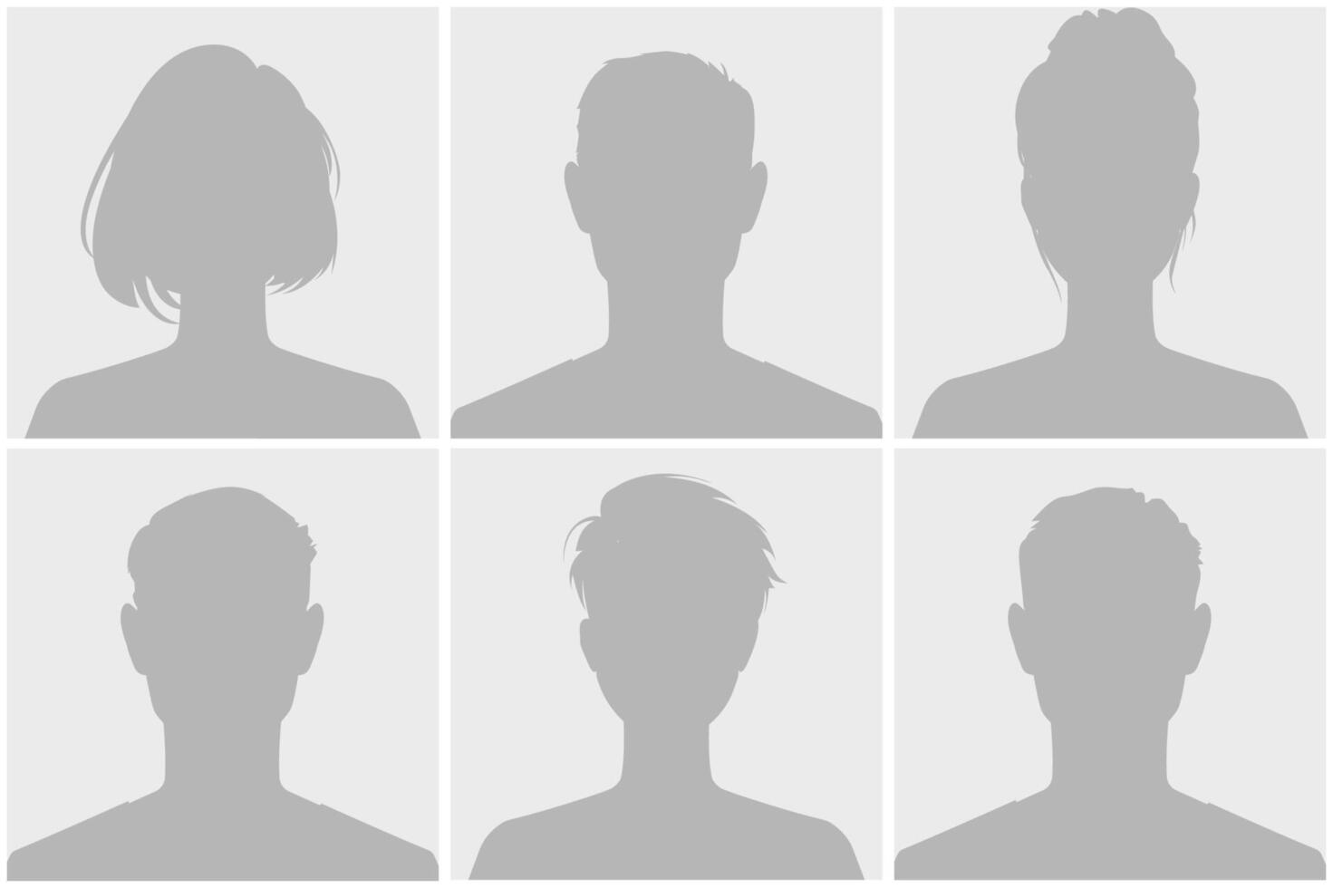 Set of six grayscale silhouette avatar defoult photo placeholder displayed in a grid. Each image shows a different hairstyle and gender from a front angle. Anonymous profiles on social media. vector
