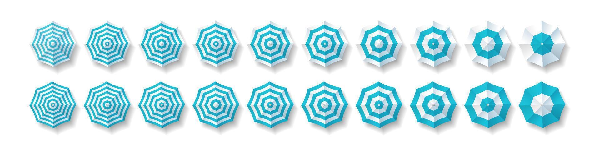 Collection of turquoise striped beach umbrellas seen from top view on white background. Illustration shows variety of designs suitable for summer vacation themes and beach promotions. vector