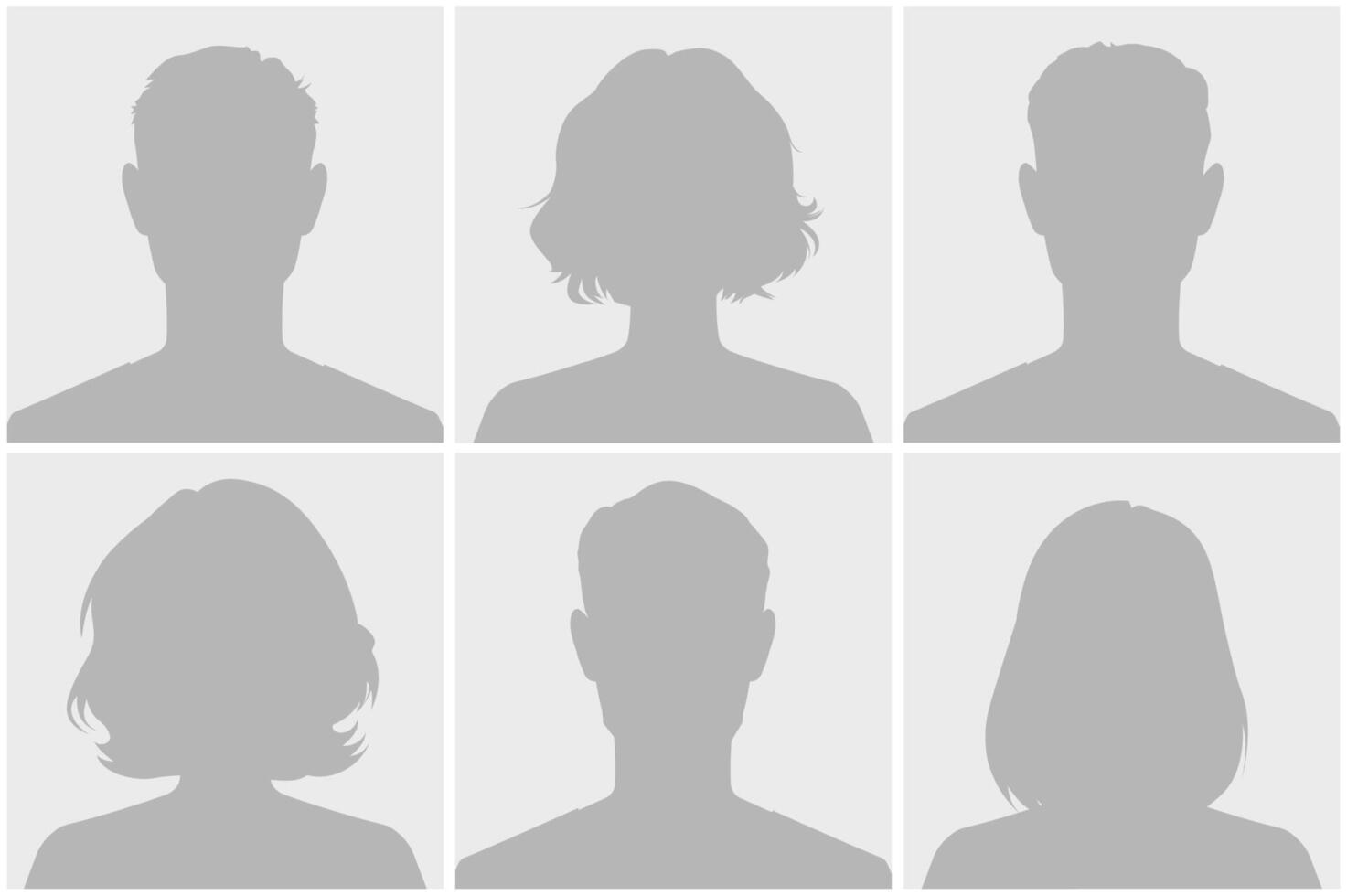 Set of six silhouette avatars in a grid format representing anonymous human figures. These neutral avatars are useful for profile placeholders, representing individuality and diversity vector