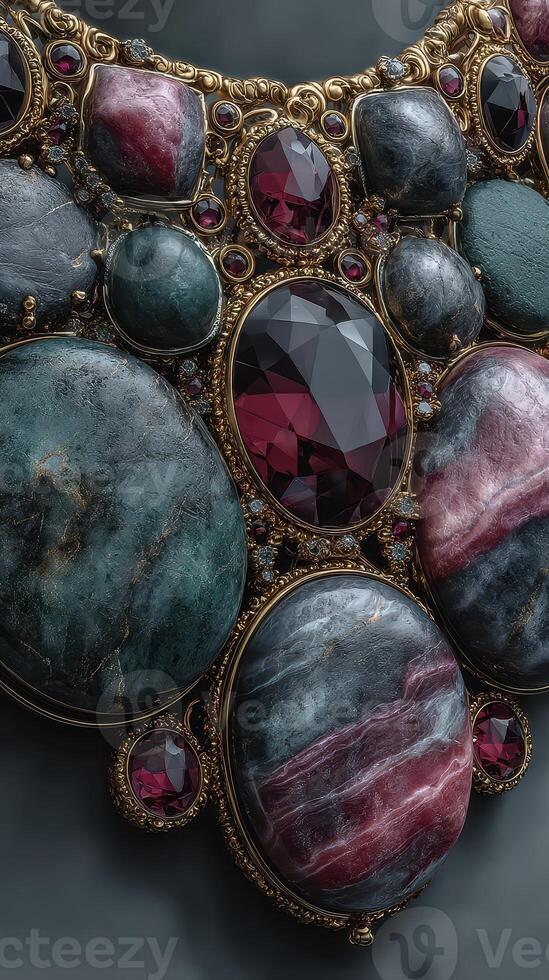Intricate jewelry design featuring colorful stones and gems set in ornate golden framework captured in detail photo