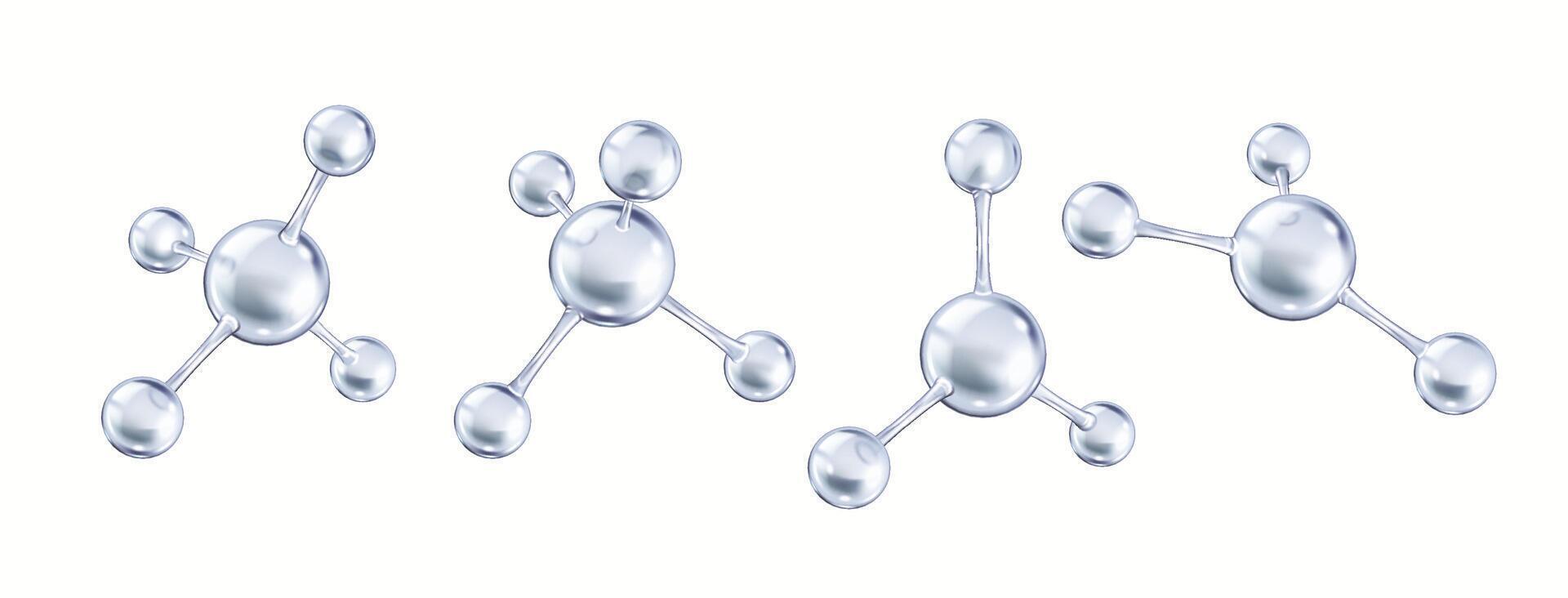 Silver collagen molecules complex structure realistic color icons set. Protein building blocks for skin health 3d objects bundle on white vector