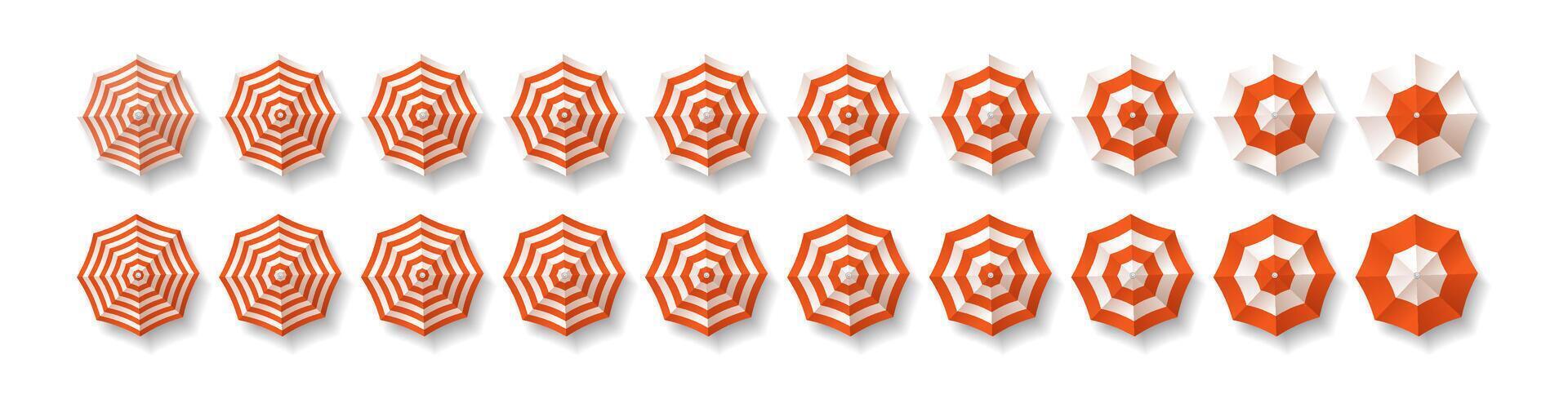 Illustration showing different angular views of red and white beach umbrellas arranged in rows perfect for summerthemed designs. Highangle presentation set against a clean background. vector