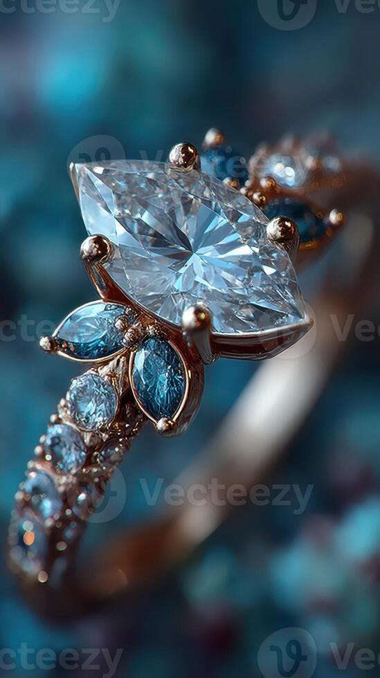 Elegant gemstone ring with intricate design showcasing sparkling blue stones against a blurred background photo