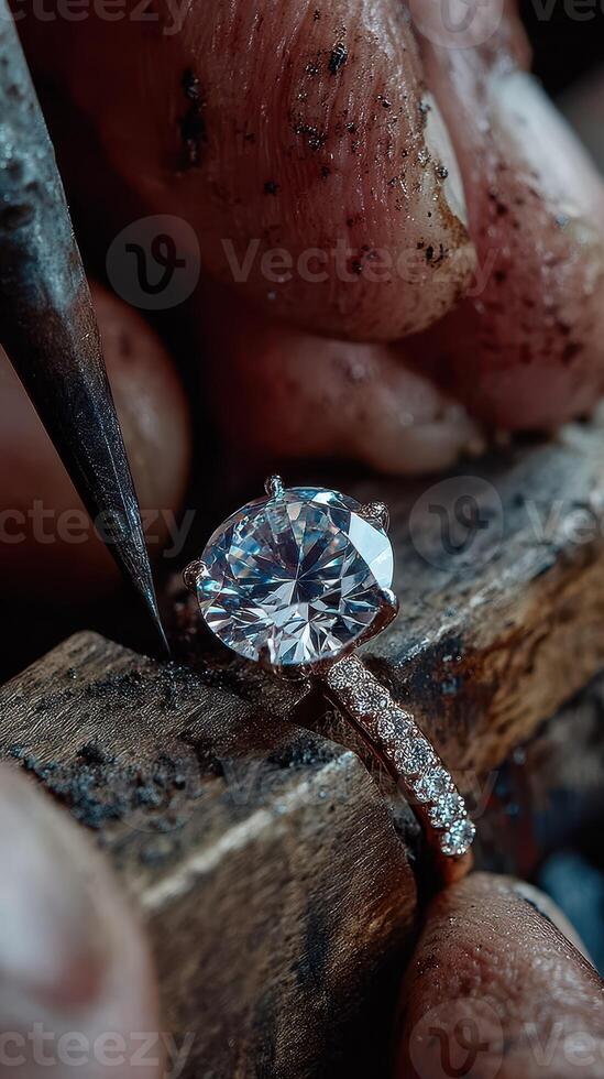 Jeweler crafting a diamond ring with intricate details in a workshop photo