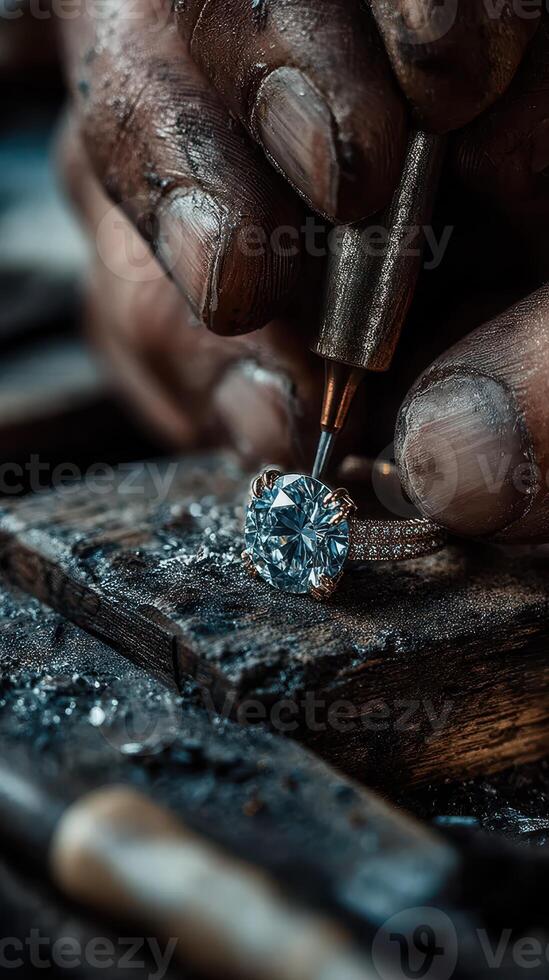 Craftsman skillfully engraving a diamond ring in a workshop with tools and intricate details in focus photo