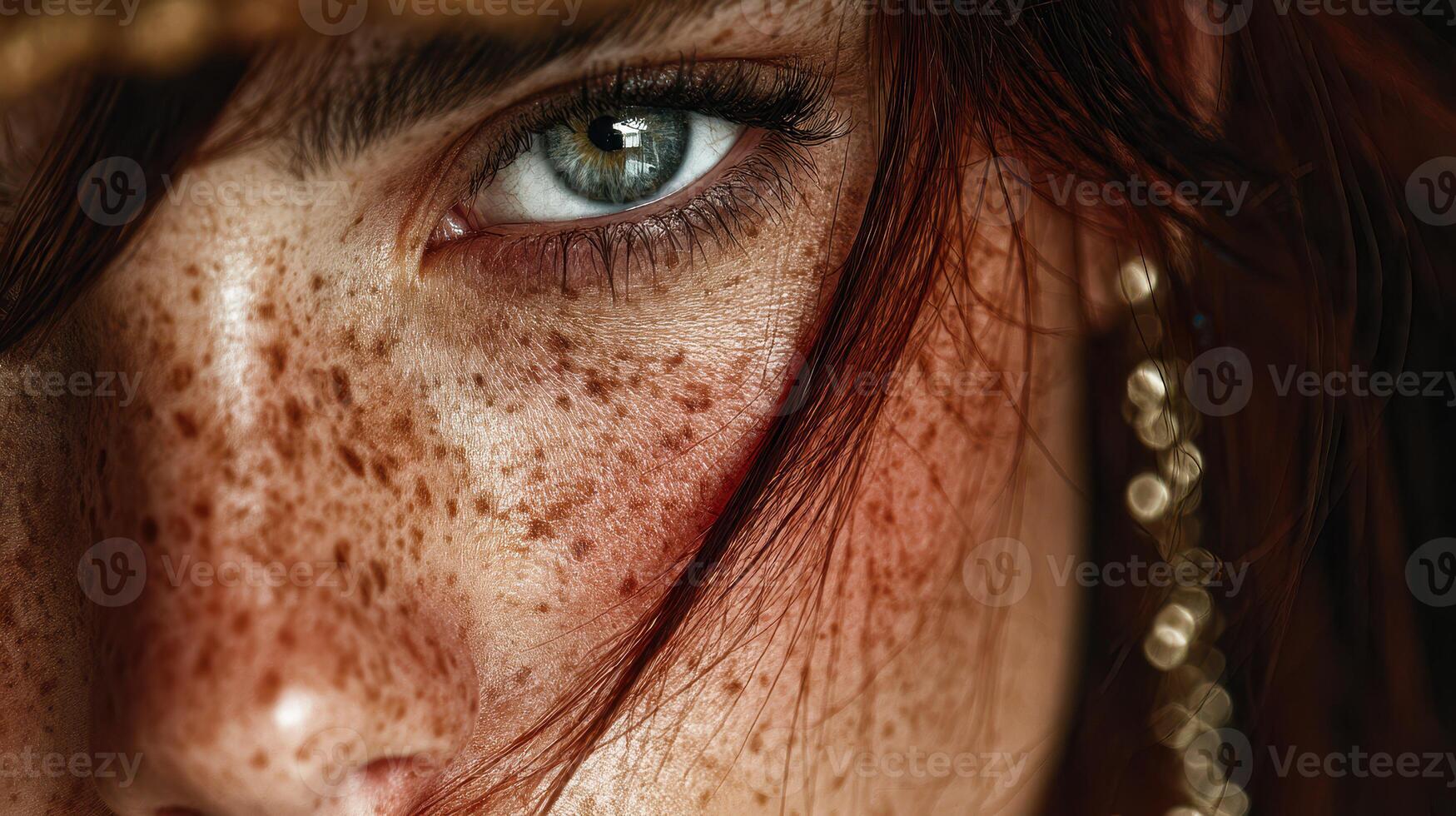 Close-up of a person with striking freckles and captivating blue eyes under soft sunlight in a natural setting photo