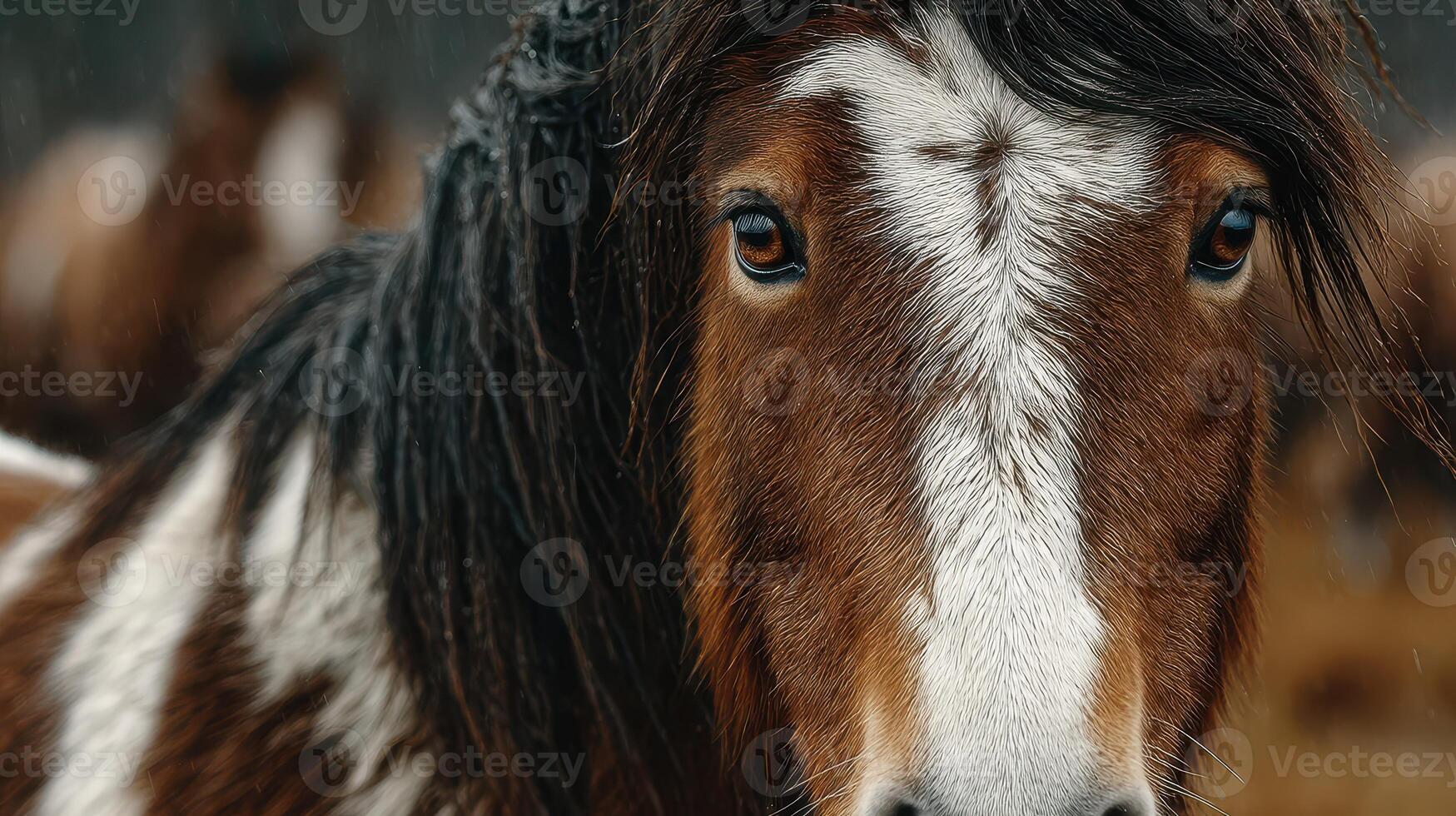 Close-up view of a brown and white horse with rain-soaked fur in a herd grazing on a cloudy day at a rural farm photo