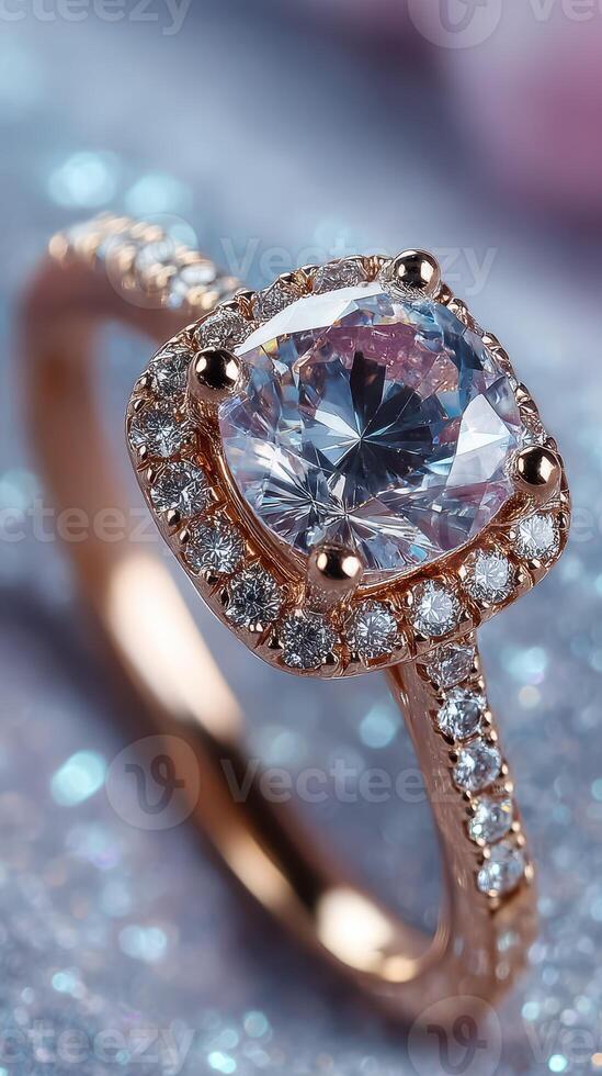 Elegant rose gold ring featuring a sparkling gemstone with delicate side stones on a soft blue background photo