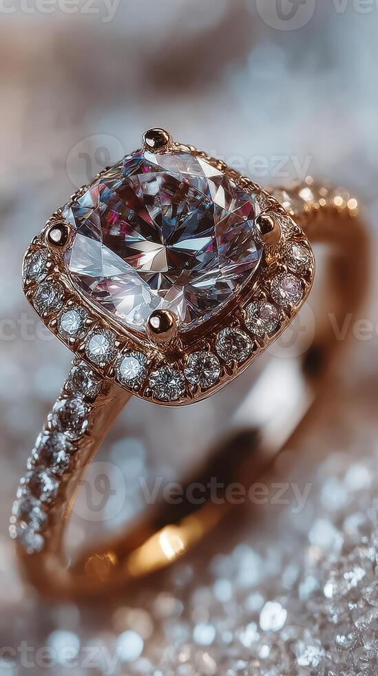 Exquisite diamond ring with intricate design showcased on a sparkling background photo