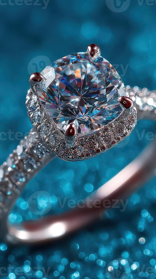 Beautiful diamond ring with intricate design against a sparkling teal background photo