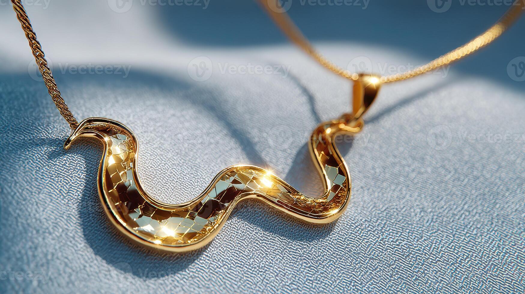 Elegant gold snake-shaped necklace resting on a soft fabric background under bright lighting photo