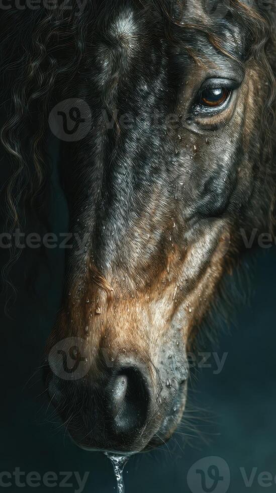 Majestic horse close-up with water droplets in soft light showcasing its expressive features and serene demeanor photo