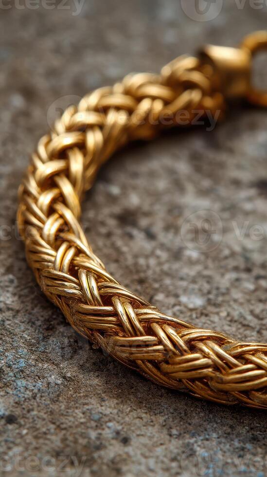 Intricate golden braided bracelet resting on textured stone surface with soft lighting highlighting the craftsmanship photo